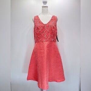 Coral Jacquard & Lace Sleeveless ModCloth Cocktail Dress by Donna Ricco Size 10